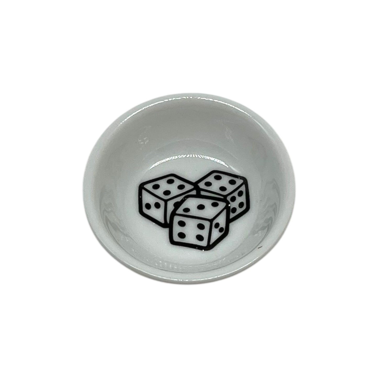 Lucky Roll 2 3/4 inch white dice dish featuring three black and white dice