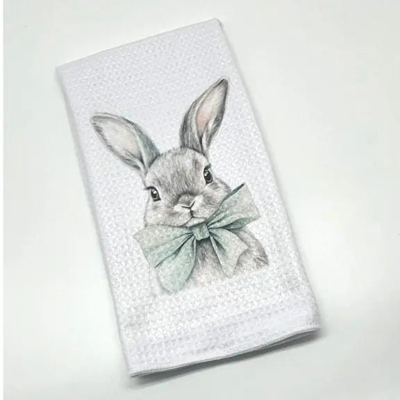 Easter Bunny with Green Bow Kitchen Towel Faust Heirlooms