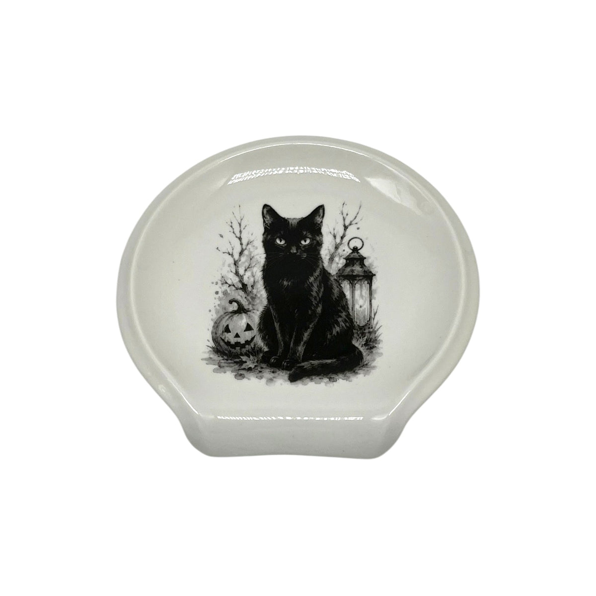 Midnight Black Cat Halloween spoon rest featuring black cat, jack-o’-lantern, vintage lantern and black-and-white spooky artwork