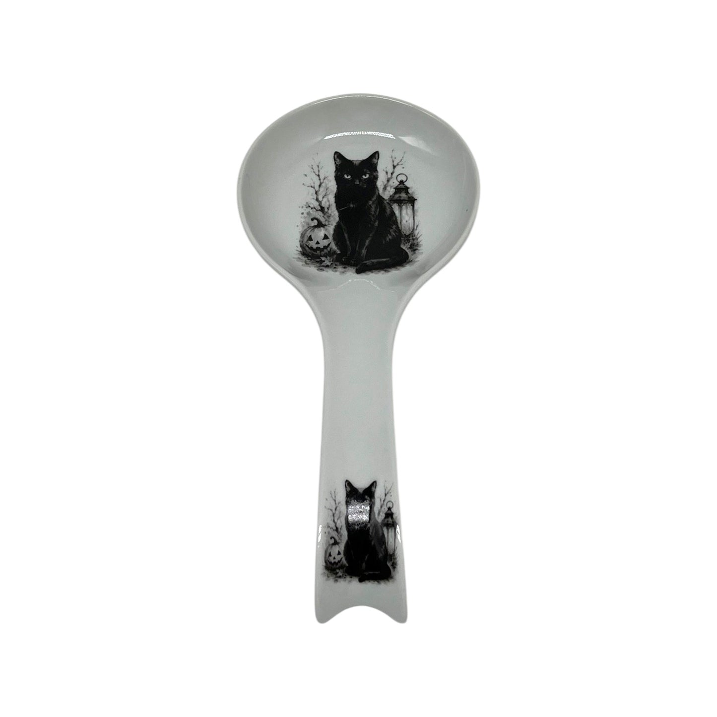 Midnight Black Cat long Halloween spoon rest with black cat, jack-o’-lantern, vintage lantern and black-and-white artwork on bowl and handle