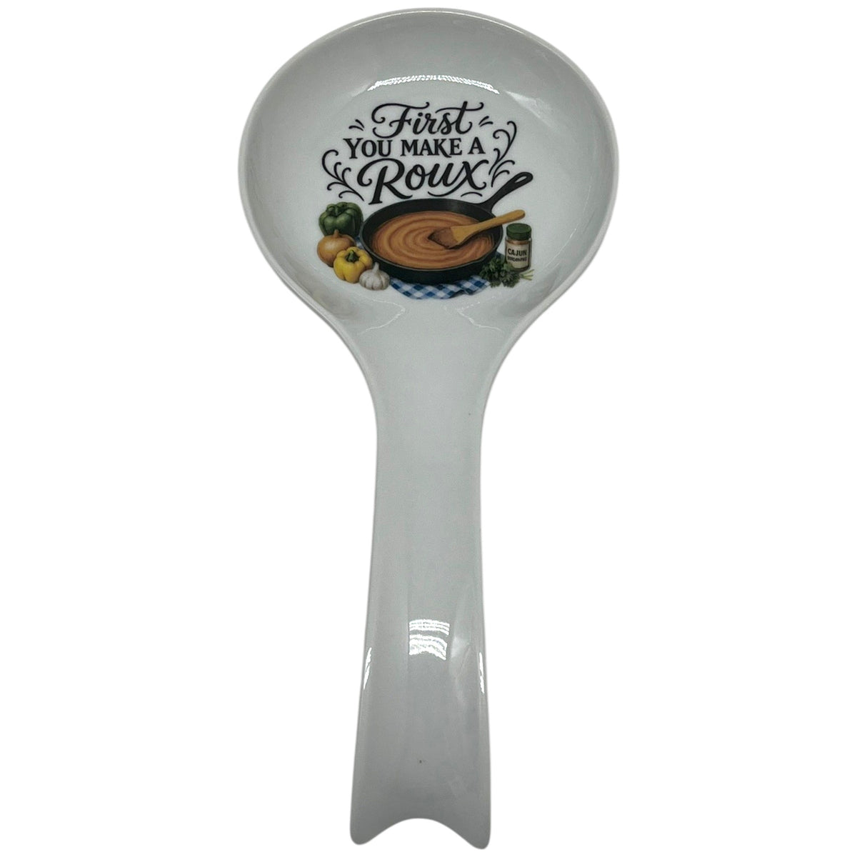 First You Make a Roux white spoon rest with cast-iron skillet, brown roux, peppers, onion, garlic and Cajun kitchen artwork
