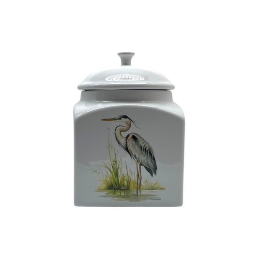 White square stoneware canister with an airtight lid and kiln-fired graceful blue heron design, decorated in New Iberia, Louisiana.