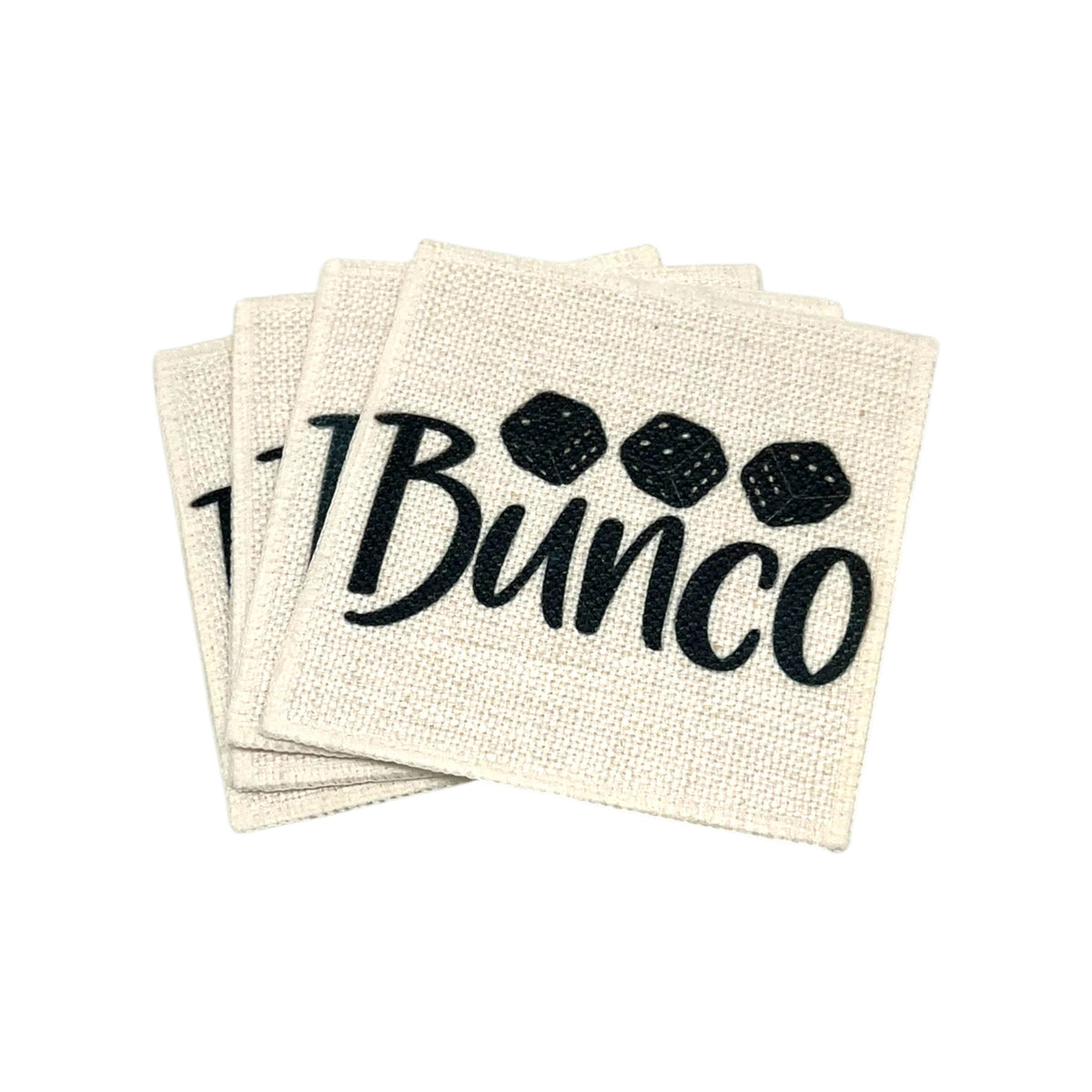 Classic Bunco linen coaster set of 4 featuring bold black lettering and dice.