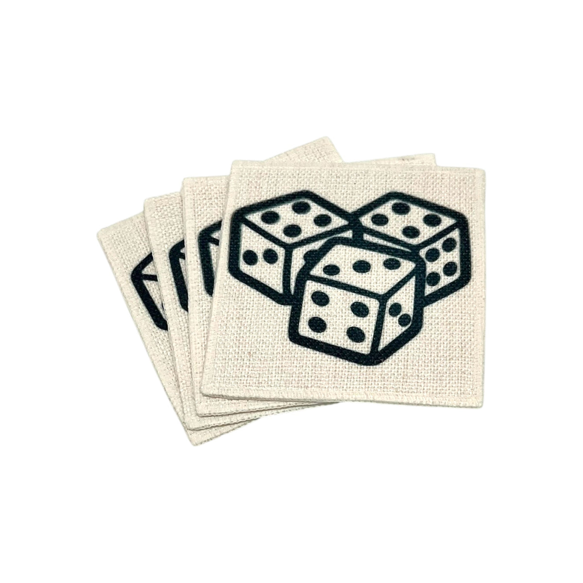 Lucky Roll set of four linen coasters featuring three black dice on a natural linen-look background