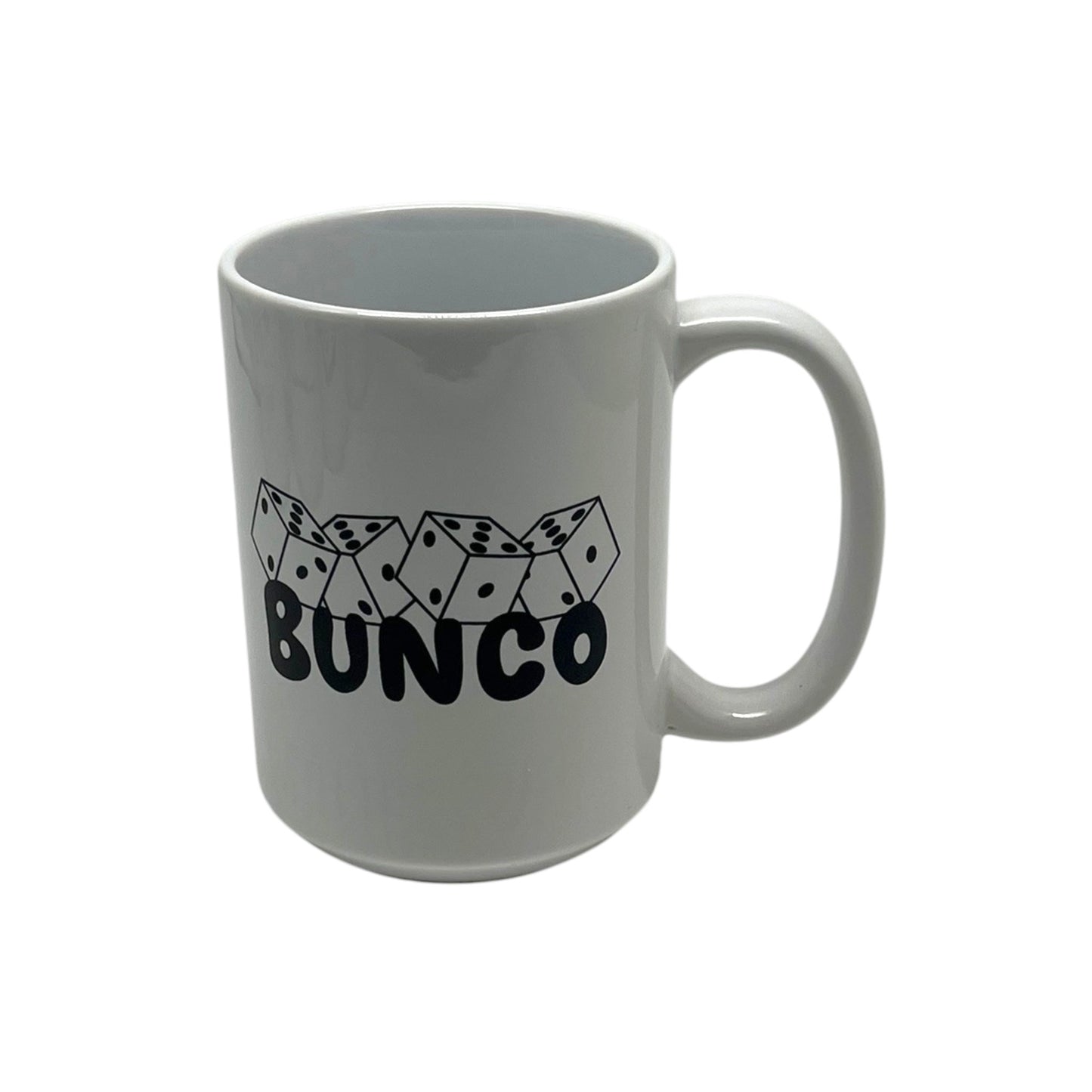Bunco Toss 15 ounce white mug with bold black Bunco lettering and tumbling dice artwork