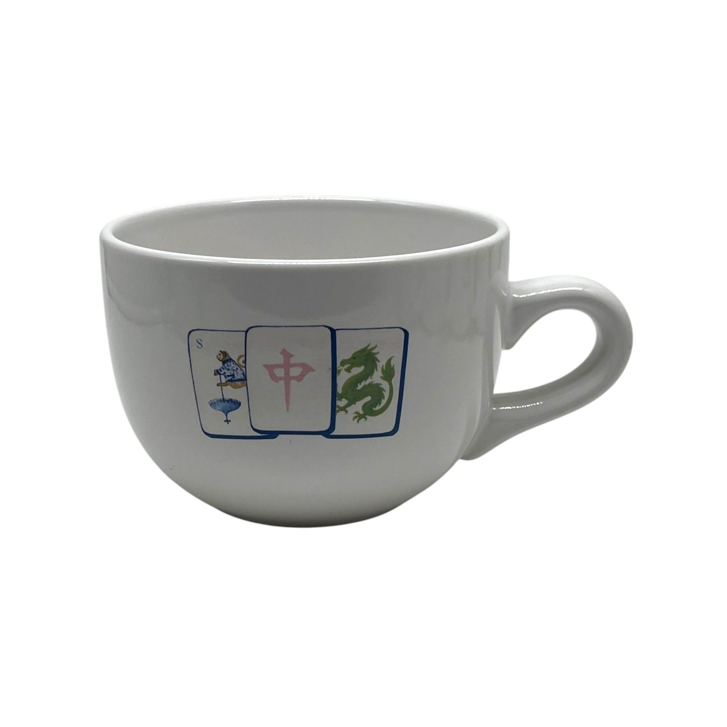 Lucky Trio Mahjong 24 ounce white soup mug with blue pink and green mahjong tile artwork and handle