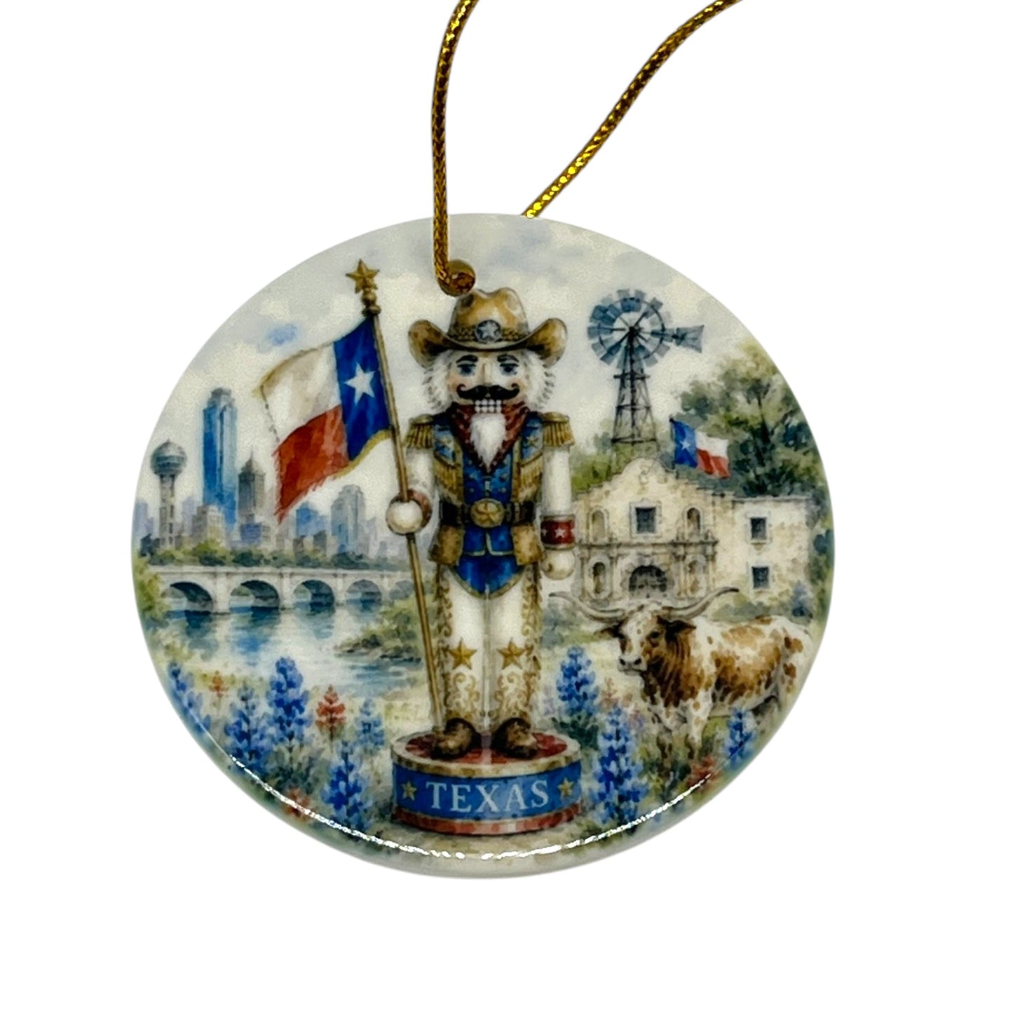 Texas Nutcracker 3 inch porcelain Christmas ornament with Texas flag, cowboy hat, longhorn, bluebonnets, windmill, Alamo and Lone Star scenery