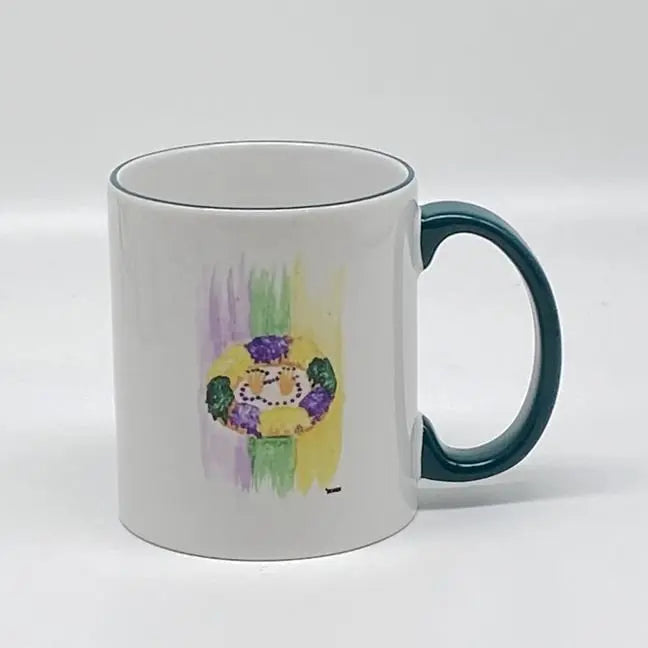 King Cake Mug, 12 oz. (green handle & rim) JD & Company