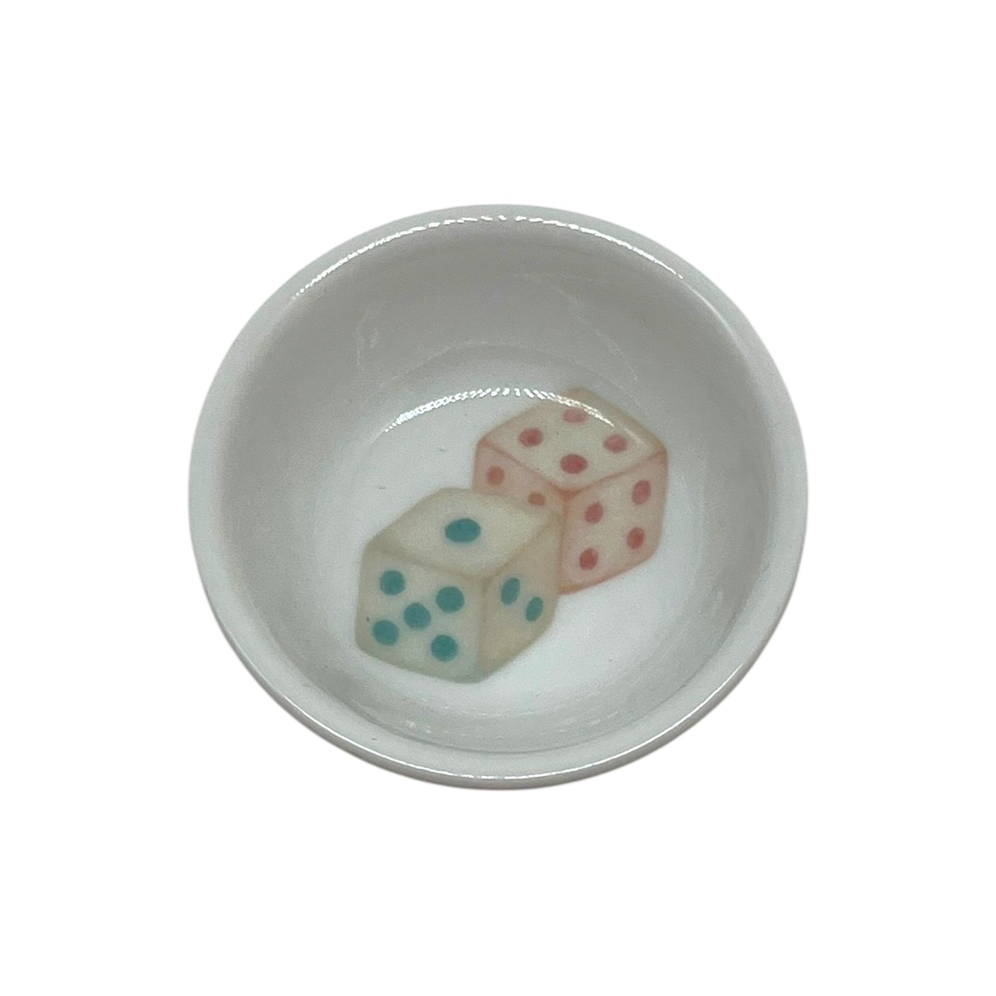 Pretty Lucky 2 3/4 inch white dice dish featuring watercolor blush pink and aqua blue dice