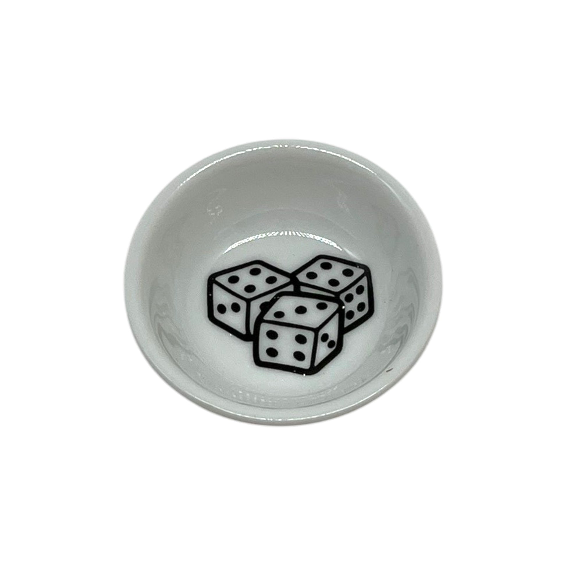 Lucky Roll 2 3/4 inch white dice dish featuring three black and white dice