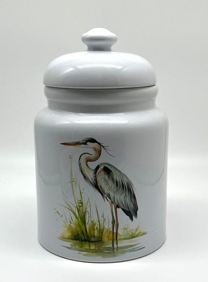 Graceful Blue Heron Stoneware Cookie Jar — Two Sizes