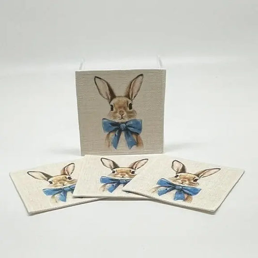 Easter Bunny with Blue Bow Coasters (set of 4, linen fabric) Jane & Lizzee