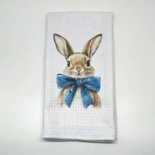 Easter Bunny with Blue Bow Kitchen Towel Faust Heirlooms