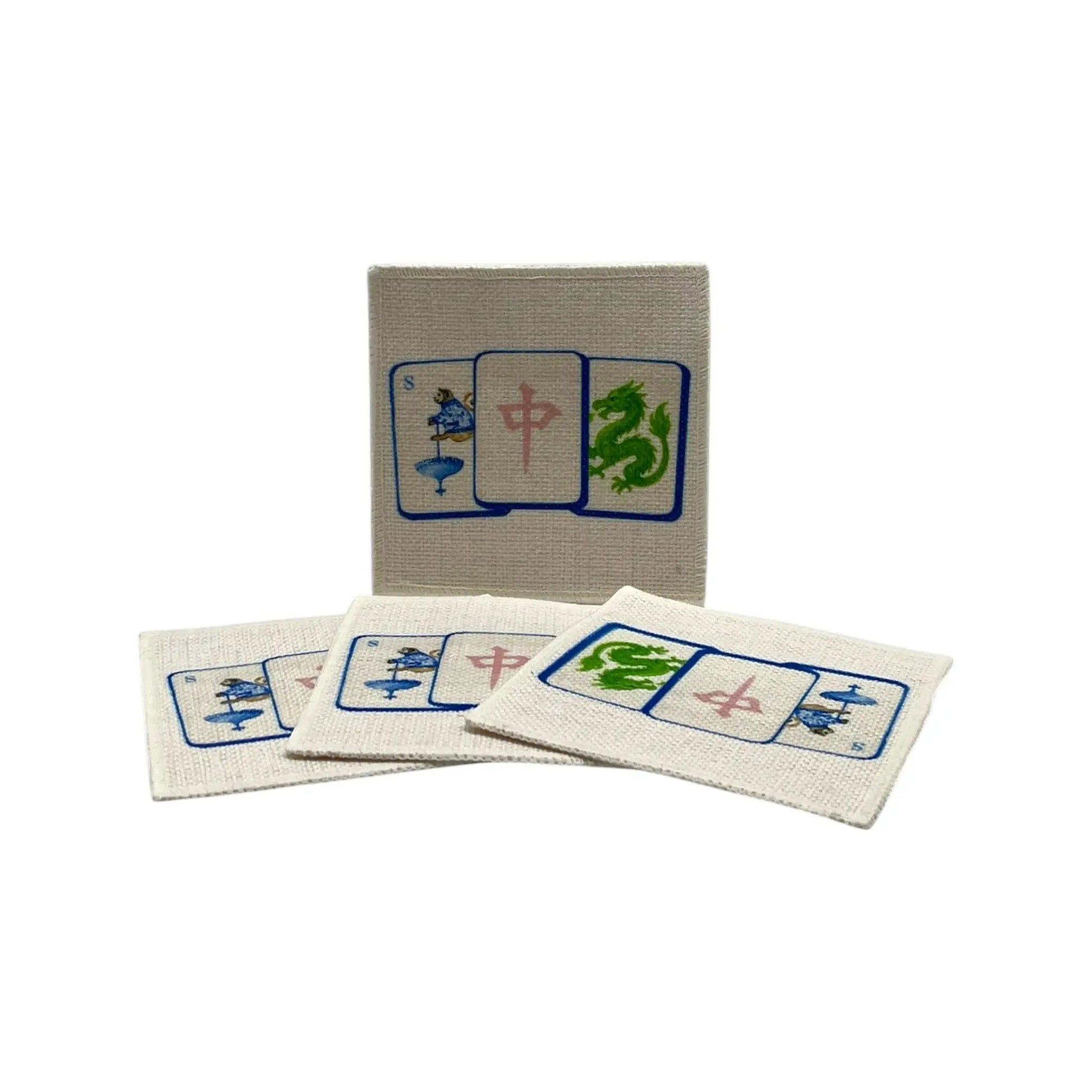 Mahjong Tiles Coasters (linen - set of 4) - blue tiles Jane & Lizzee