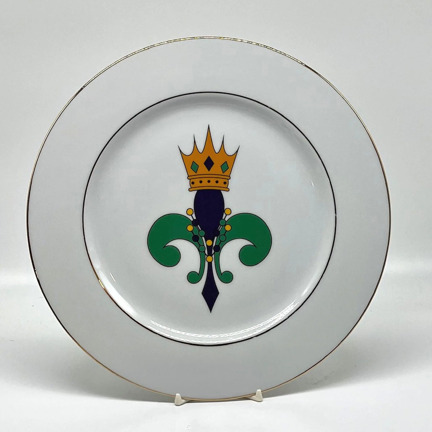 Mardi Gras Fleur de Lis Plate, 10 1/2" (double gold banded) JD & Company