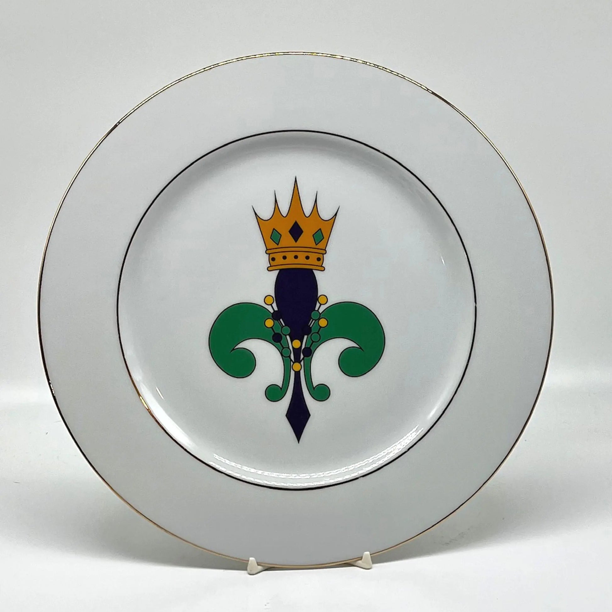 Mardi Gras Fleur de Lis Plate, 10 1/2" (double gold banded) JD & Company