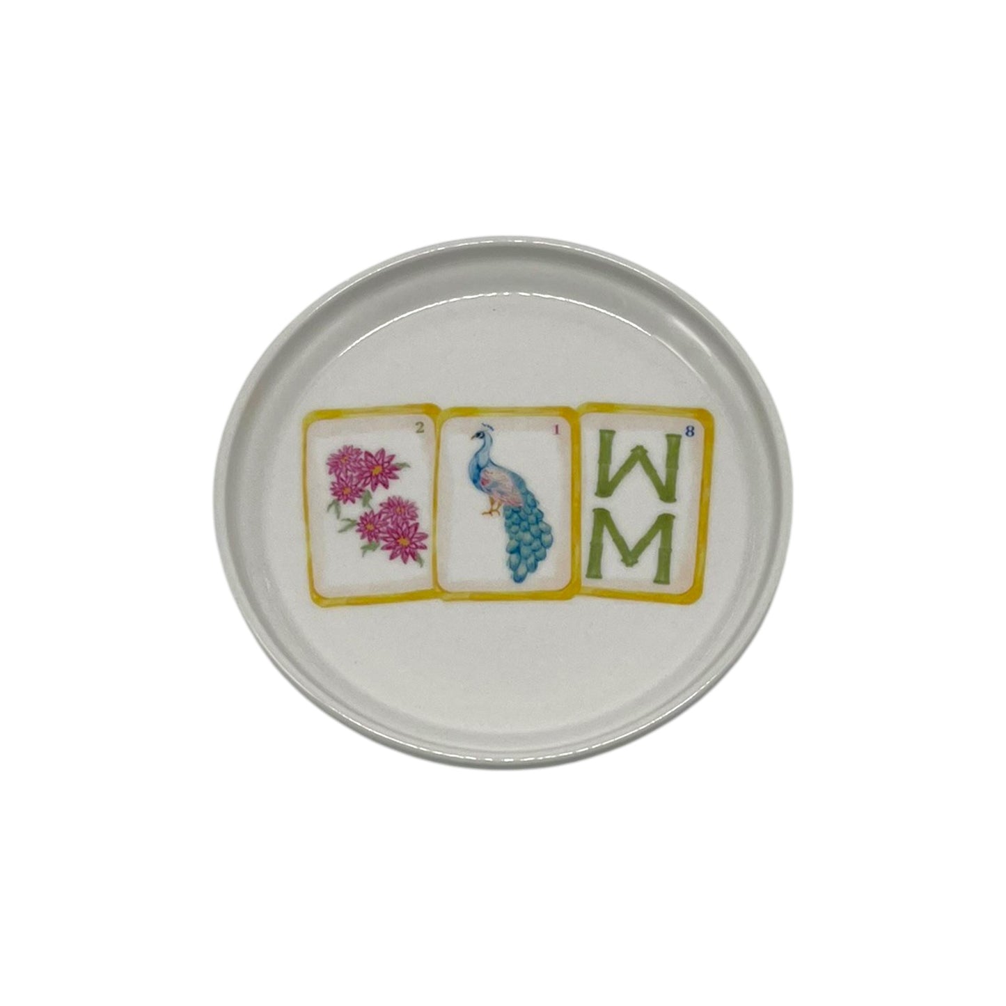 Petals and Plumes Mahjong 5 inch round anything dish with pink floral blue peacock and green mahjong tile artwork
