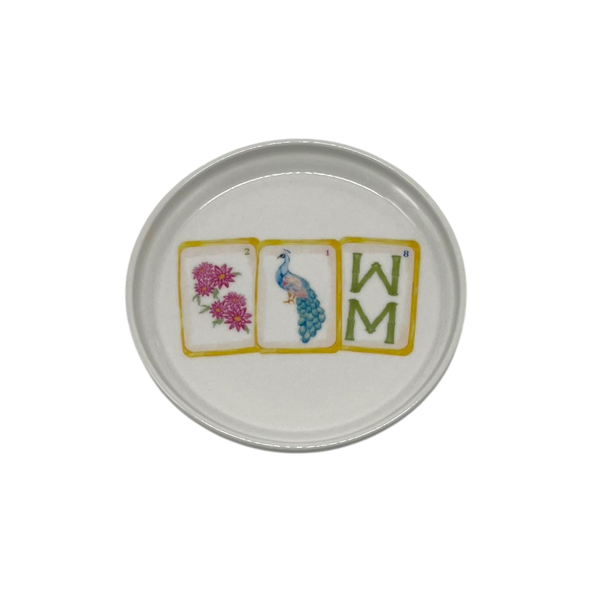 Petals and Plumes Mahjong 5 inch round anything dish with pink floral blue peacock and green mahjong tile artwork