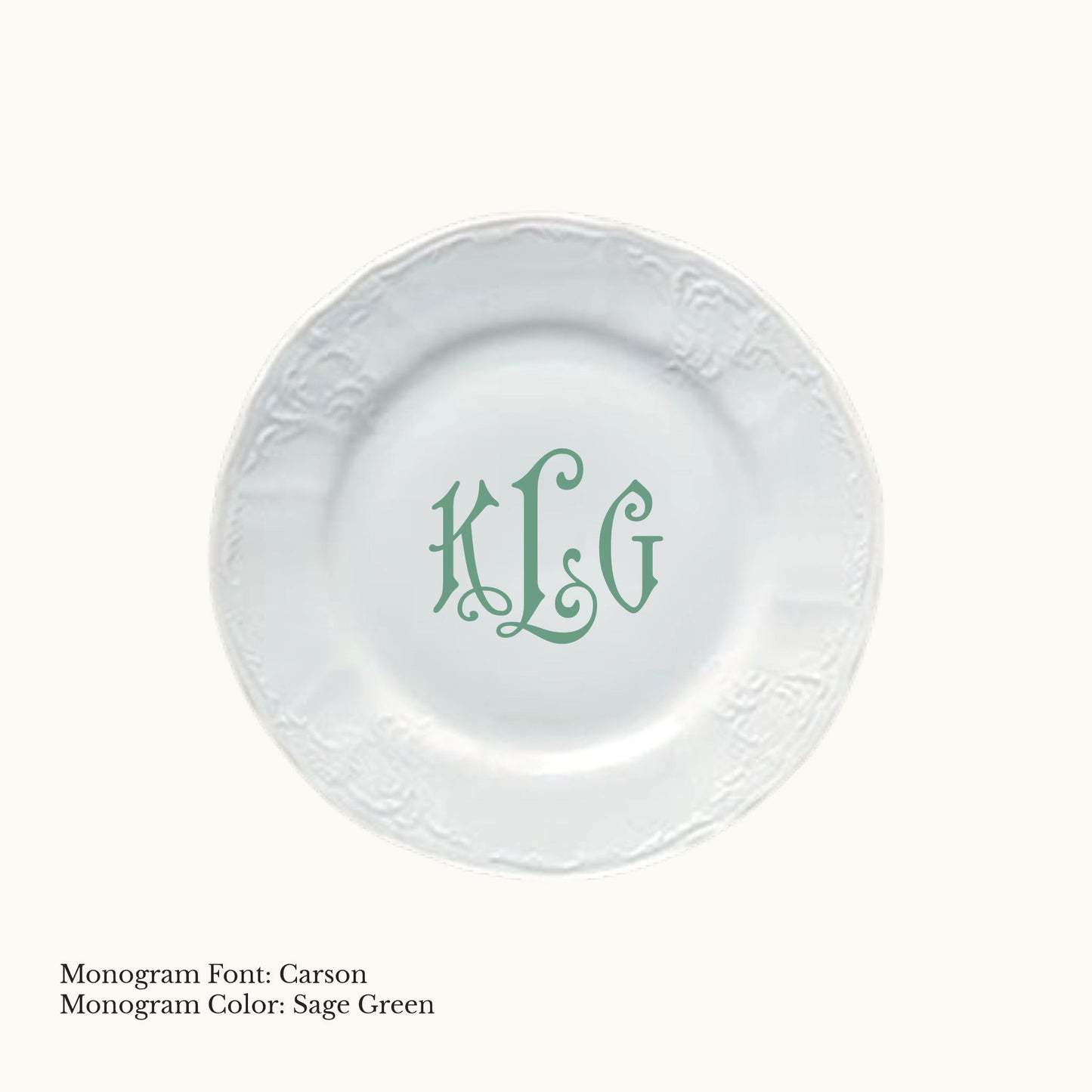 White 6¾-inch Bernadotte porcelain bread and butter plate with an embossed rim and Carson three-letter monogram in Sage Green.