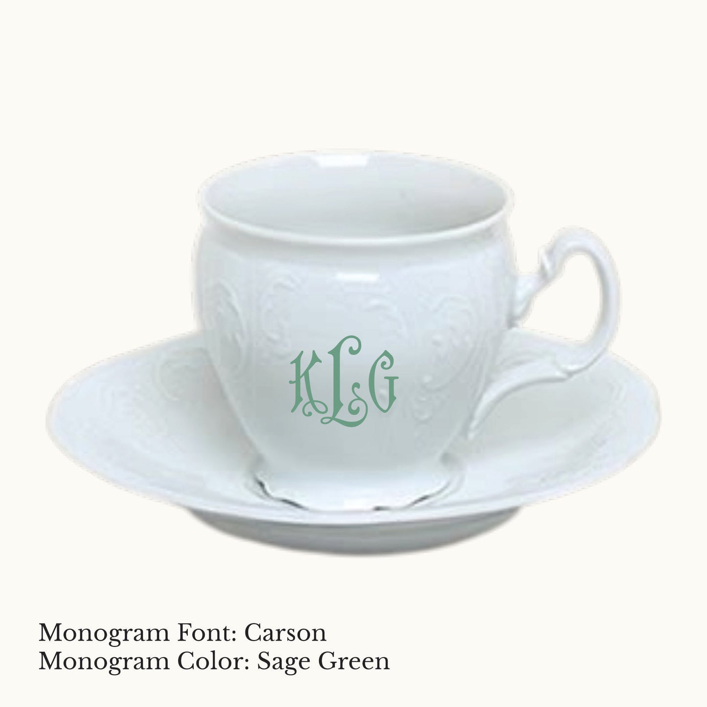 White Bernadotte porcelain cup and saucer with embossed detailing and a Carson three-letter monogram in Sage Green.