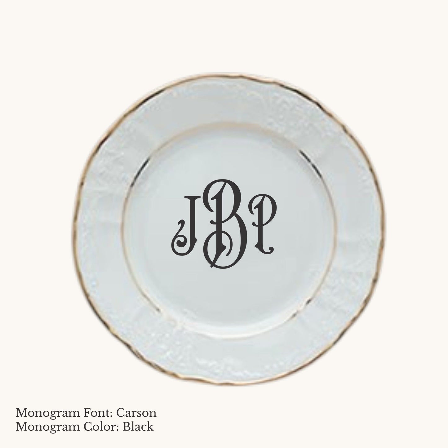 Gold-banded Bernadotte European porcelain bread and butter plate with Carson custom monogram in Black