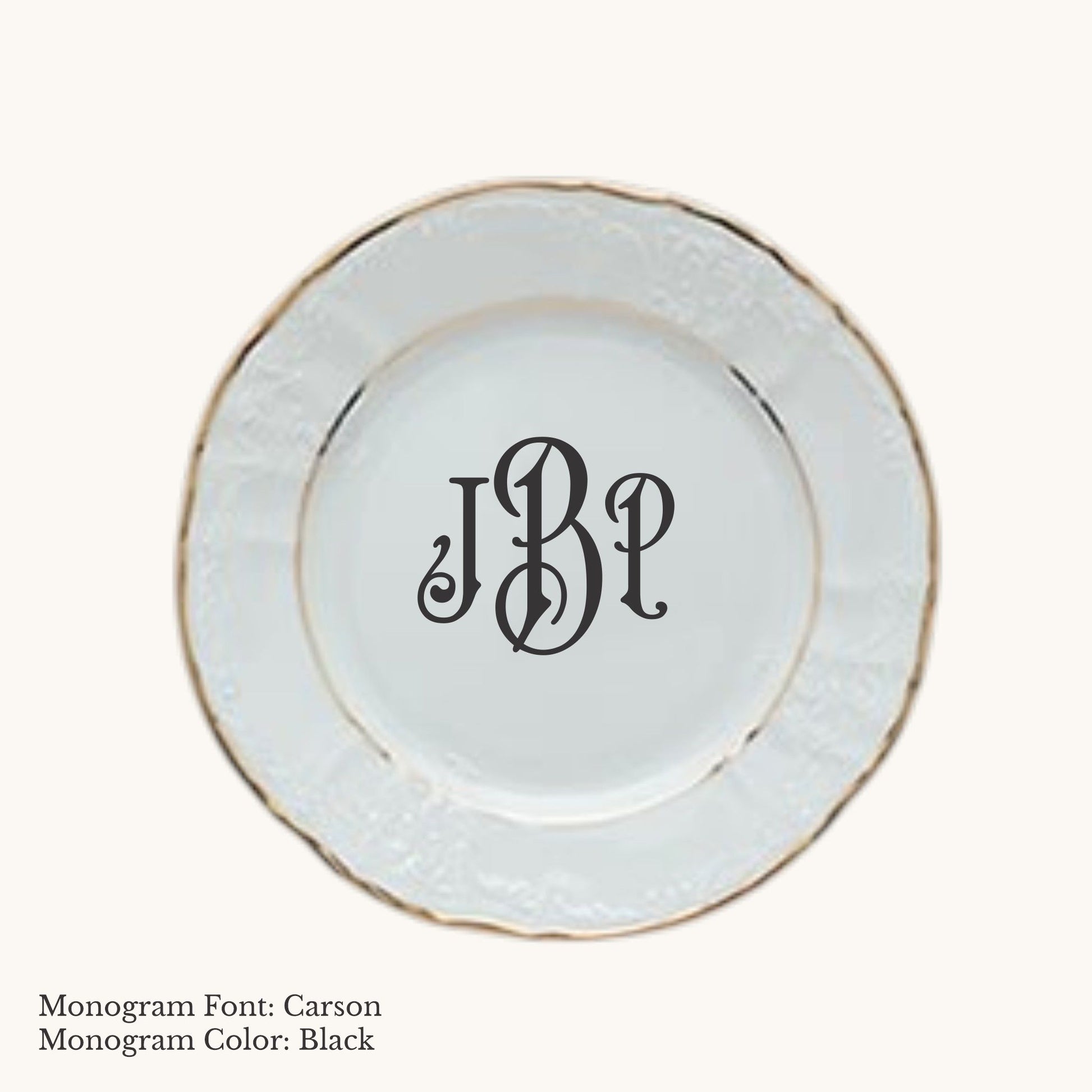 Gold-banded Bernadotte European porcelain bread and butter plate with Carson custom monogram in Black