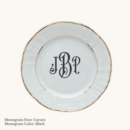 Gold-banded Bernadotte European porcelain bread and butter plate with Carson custom monogram in Black