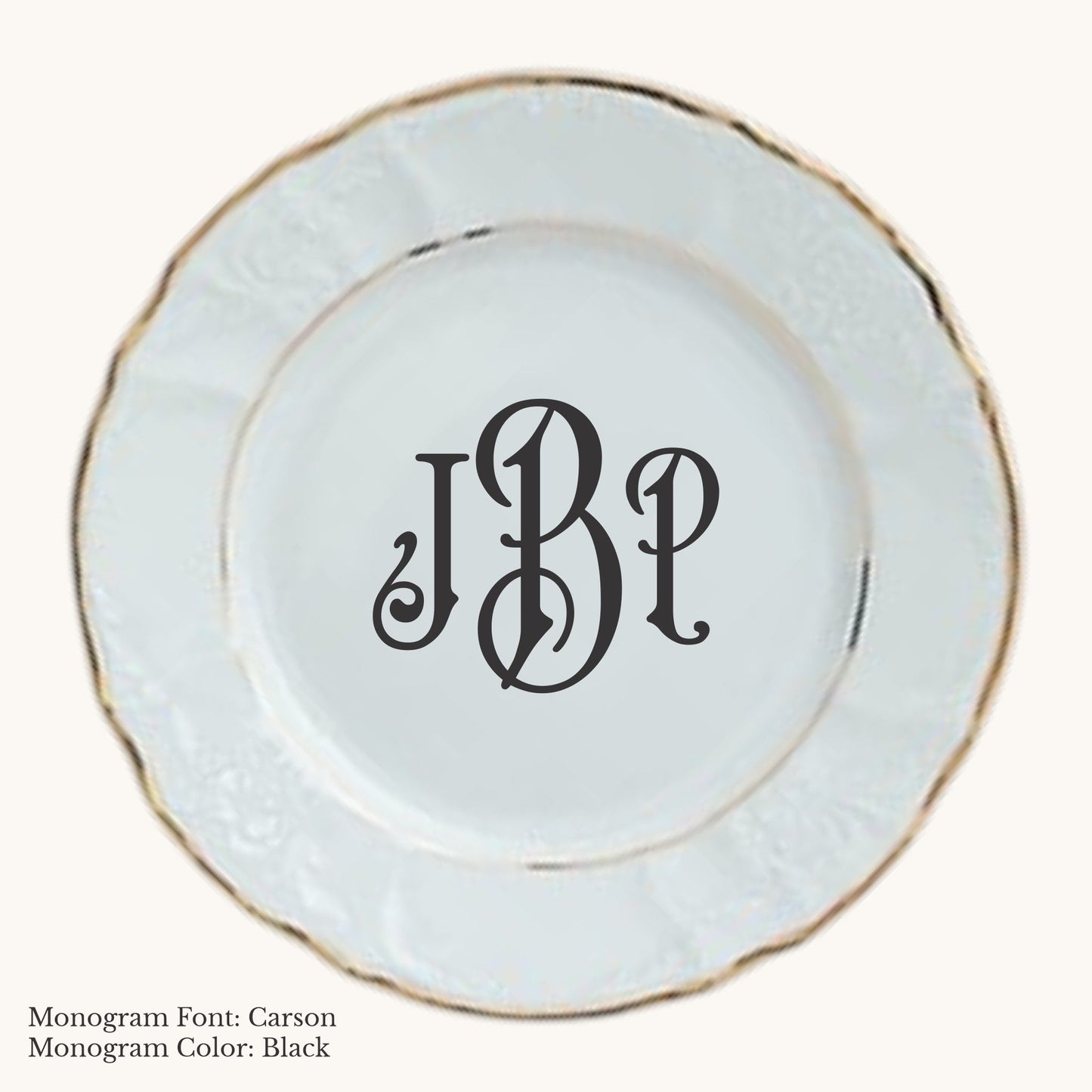 Gold-banded Bernadotte European porcelain dinner plate with Carson custom monogram in Black
