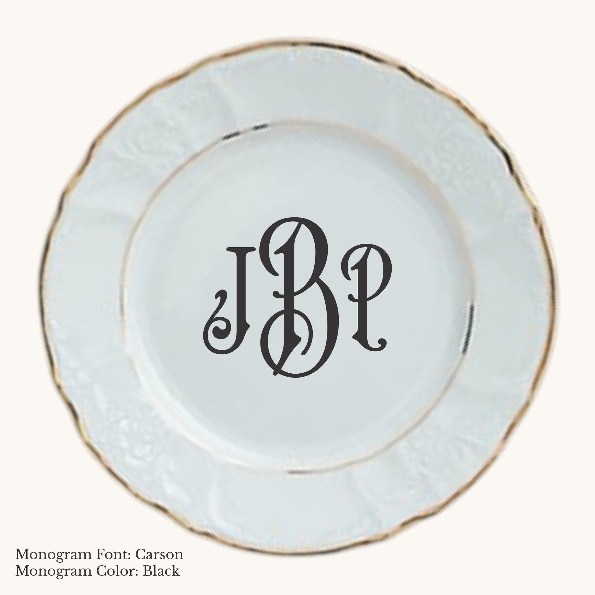 Gold-banded Bernadotte European porcelain dinner plate with Carson custom monogram in Black