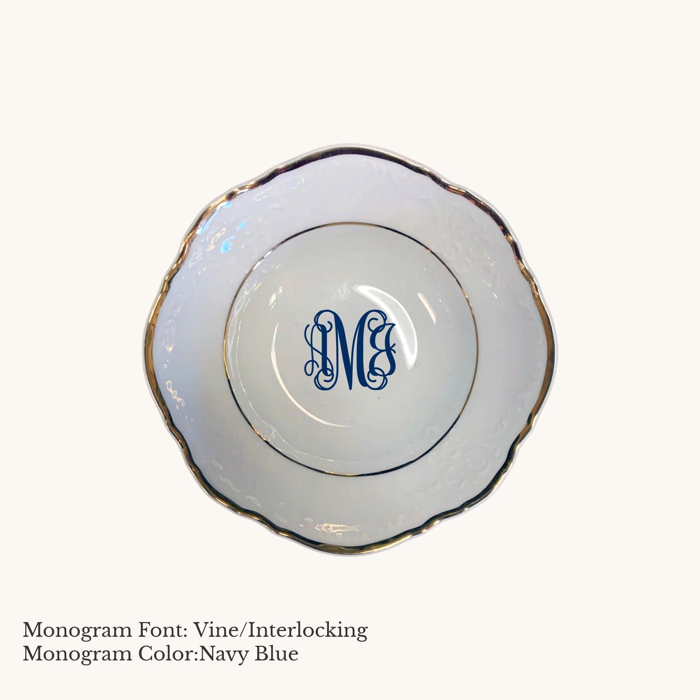 Gold-banded Bernadotte European porcelain fruit saucer with Vine/Interlocking custom monogram in Navy Blue