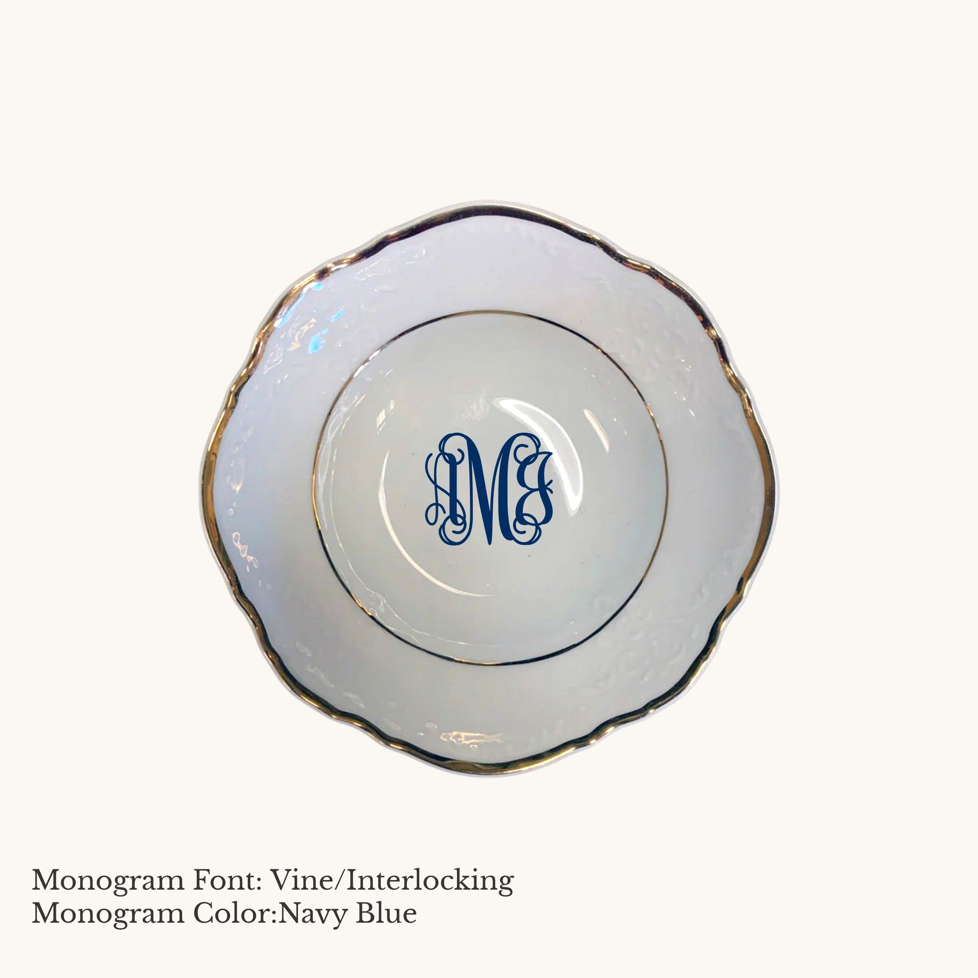 Gold-banded Bernadotte European porcelain fruit saucer with Vine/Interlocking custom monogram in Navy Blue
