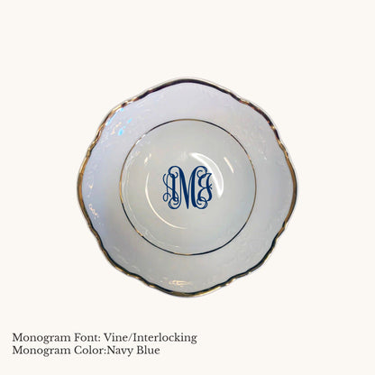 Gold-banded Bernadotte European porcelain fruit saucer with Vine/Interlocking custom monogram in Navy Blue