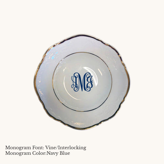 Gold-banded Bernadotte European porcelain fruit saucer with Vine/Interlocking custom monogram in Navy Blue