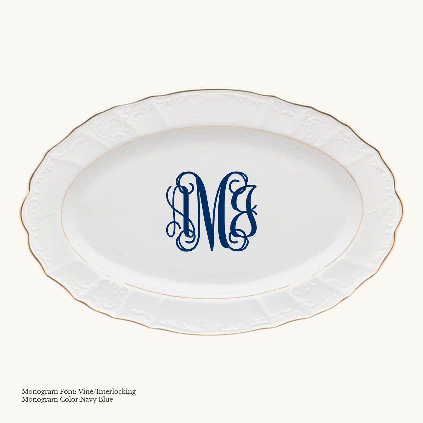 Gold-banded Bernadotte European porcelain oval platter with Vine/Interlocking custom monogram in Navy Blue