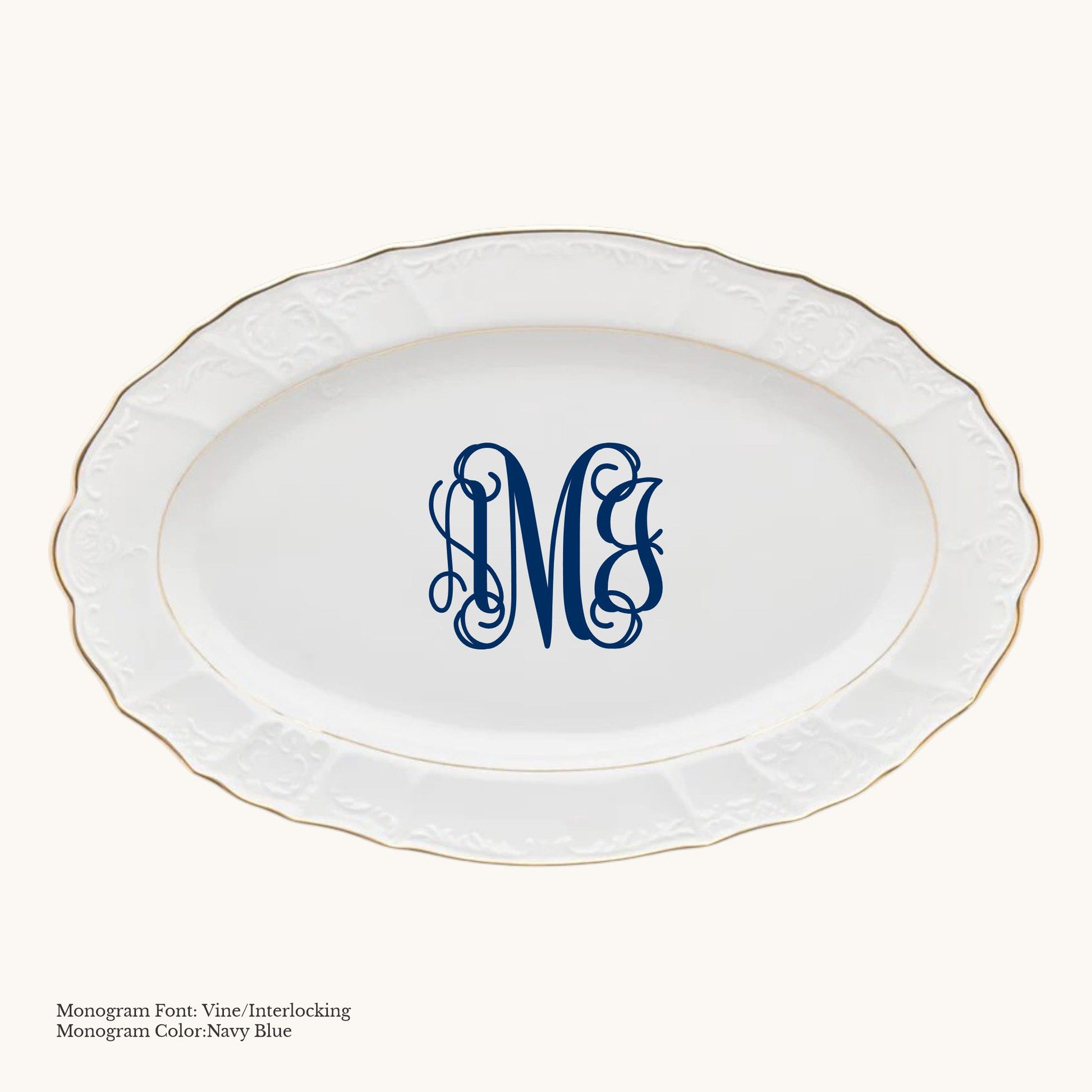Gold-banded Bernadotte European porcelain oval platter with Vine/Interlocking custom monogram in Navy Blue