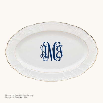 Gold-banded Bernadotte European porcelain oval platter with Vine/Interlocking custom monogram in Navy Blue