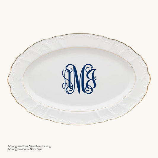 Gold-banded Bernadotte European porcelain oval platter with Vine/Interlocking custom monogram in Navy Blue