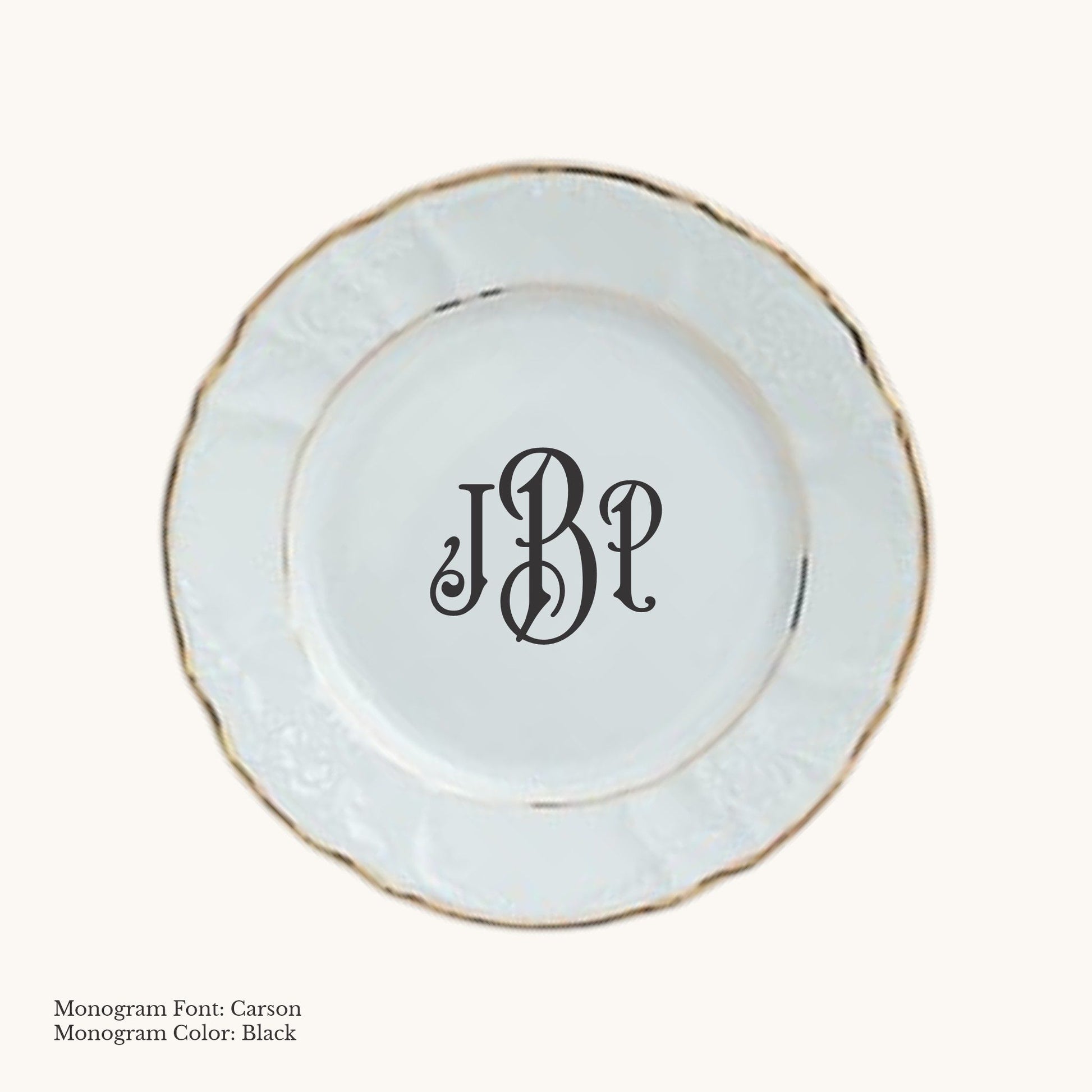 Gold-banded Bernadotte European porcelain salad or dessert plate with Carson custom monogram in Black