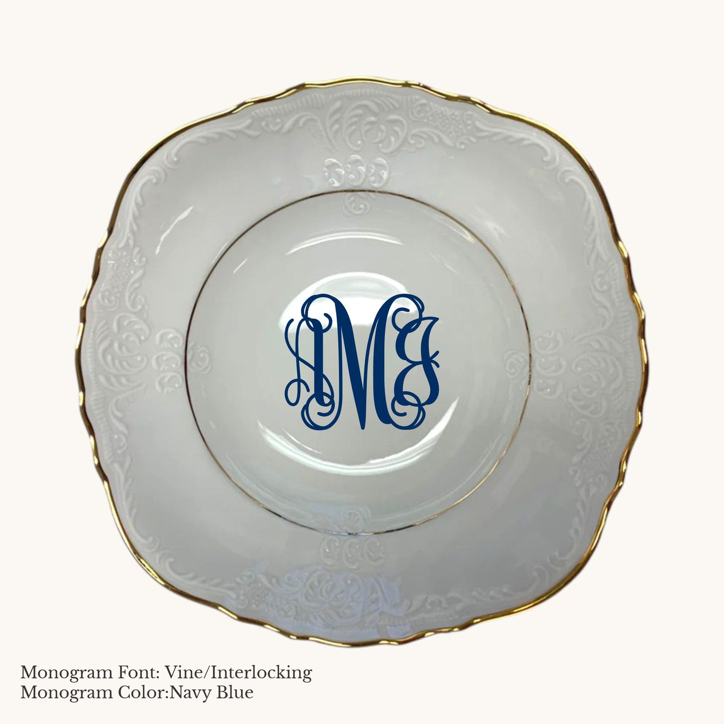 Gold-banded Bernadotte European porcelain vegetable bowl with Vine/Interlocking custom monogram in Navy Blue