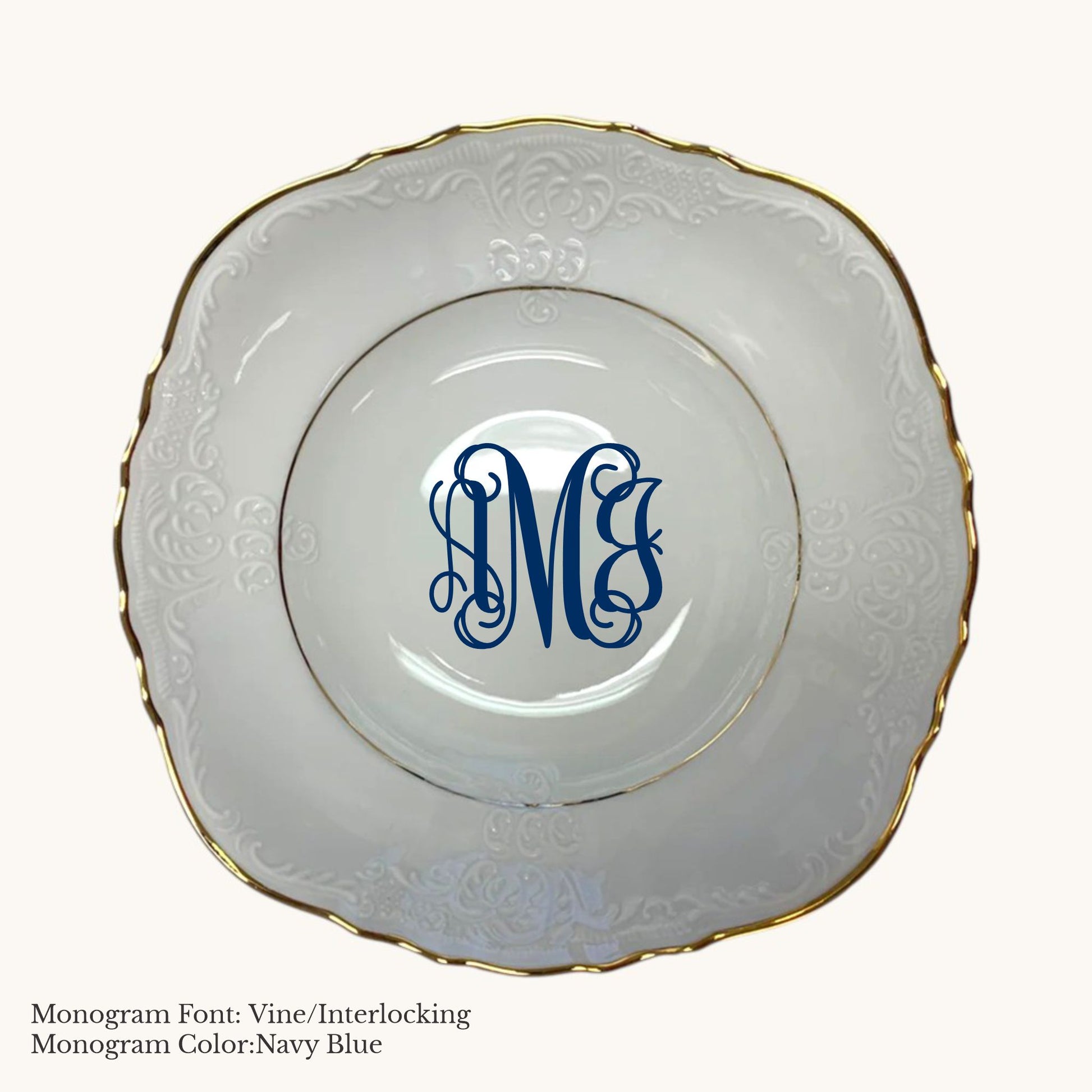 Gold-banded Bernadotte European porcelain vegetable bowl with Vine/Interlocking custom monogram in Navy Blue