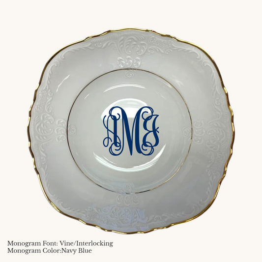 Gold-banded Bernadotte European porcelain vegetable bowl with Vine/Interlocking custom monogram in Navy Blue