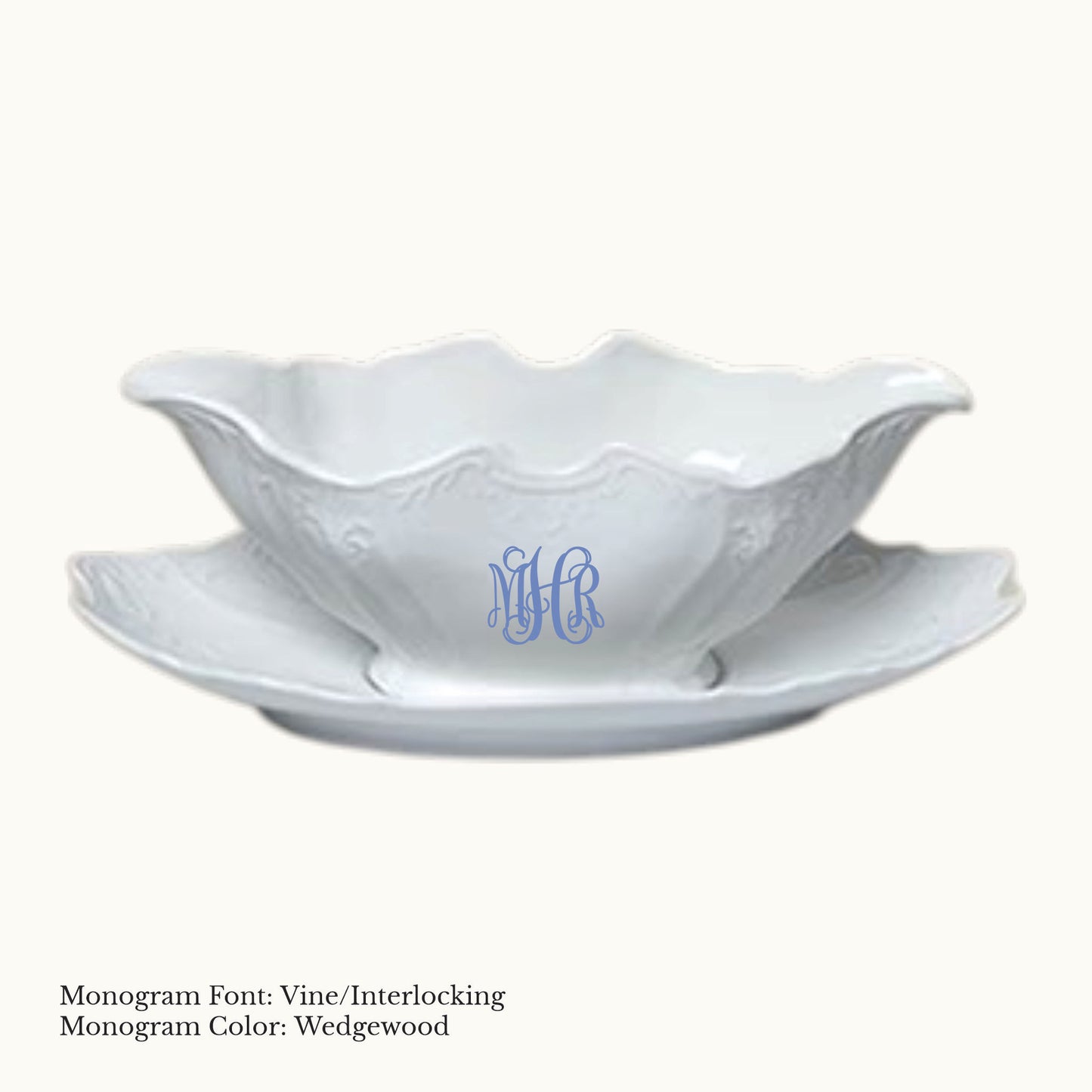 Bernadotte Gravy Boat with Attached Tray, 14 oz. - Custom Monogram