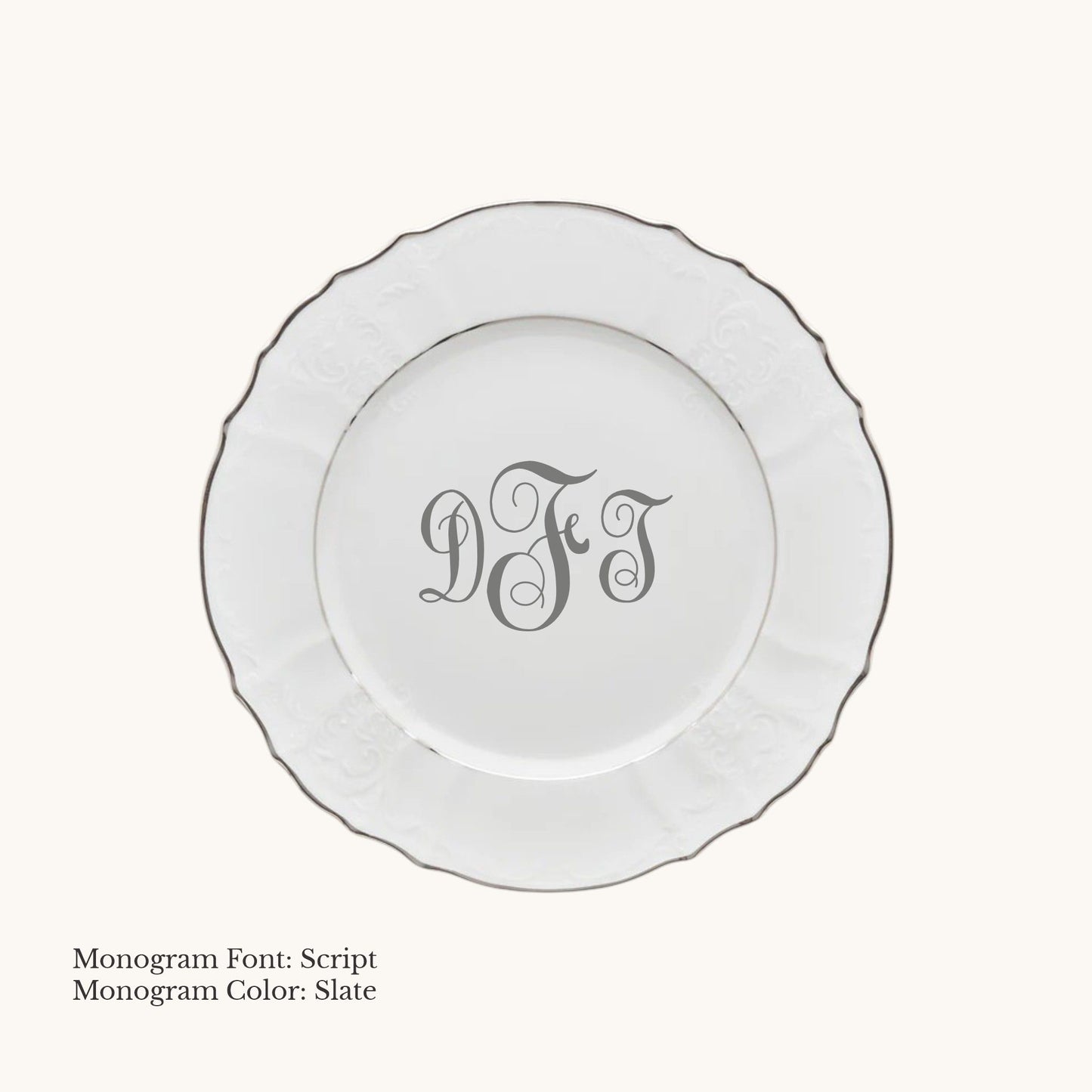 Platinum-banded Bernadotte European porcelain bread and butter plate with custom Script monogram in Slate