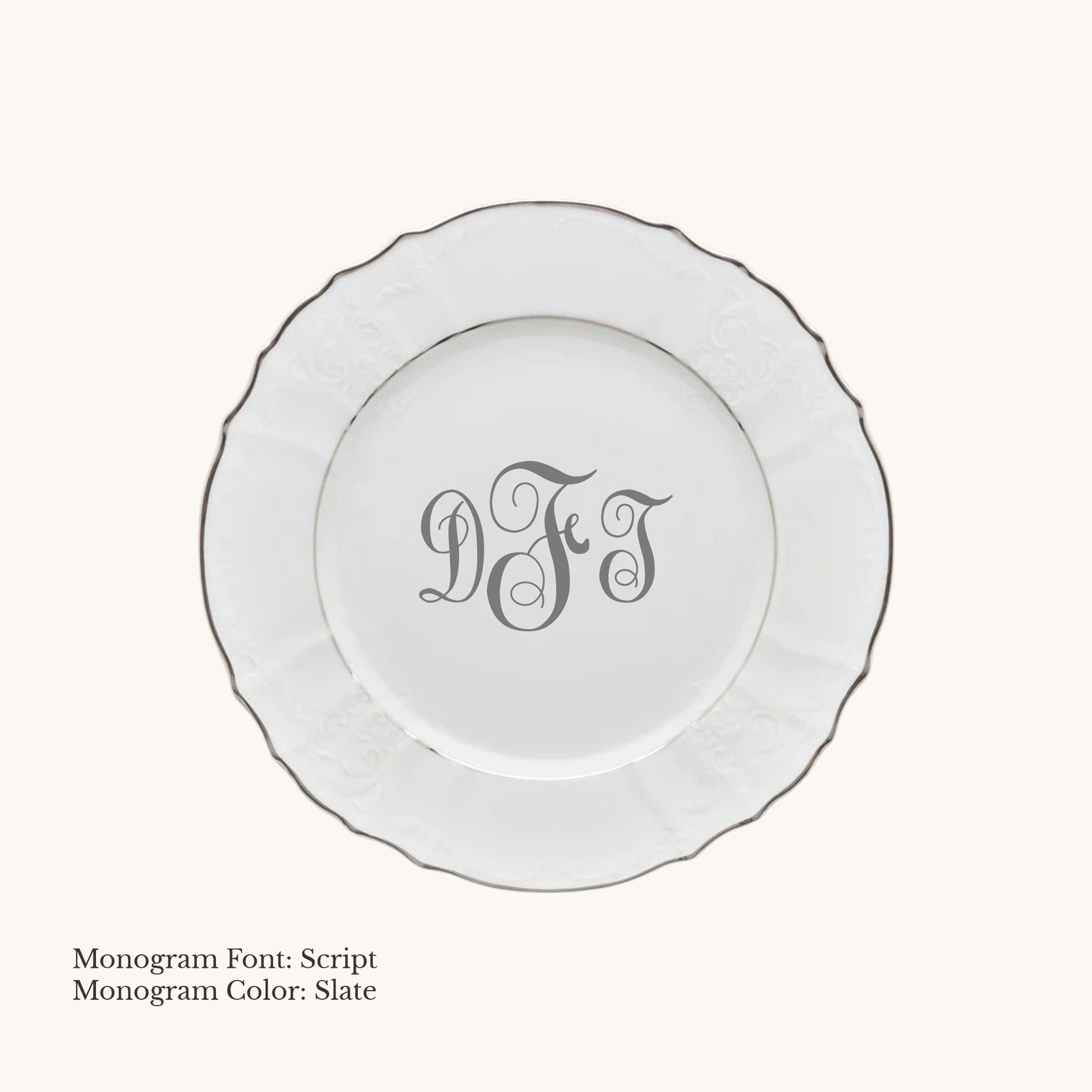 Platinum-banded Bernadotte European porcelain bread and butter plate with custom Script monogram in Slate