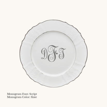 Platinum-banded Bernadotte European porcelain bread and butter plate with custom Script monogram in Slate