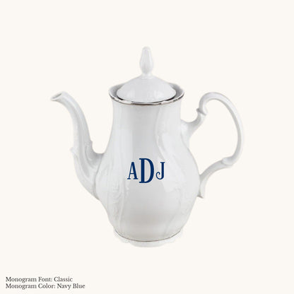 Platinum-banded Bernadotte European porcelain coffee pot with Classic custom monogram in Navy Blue