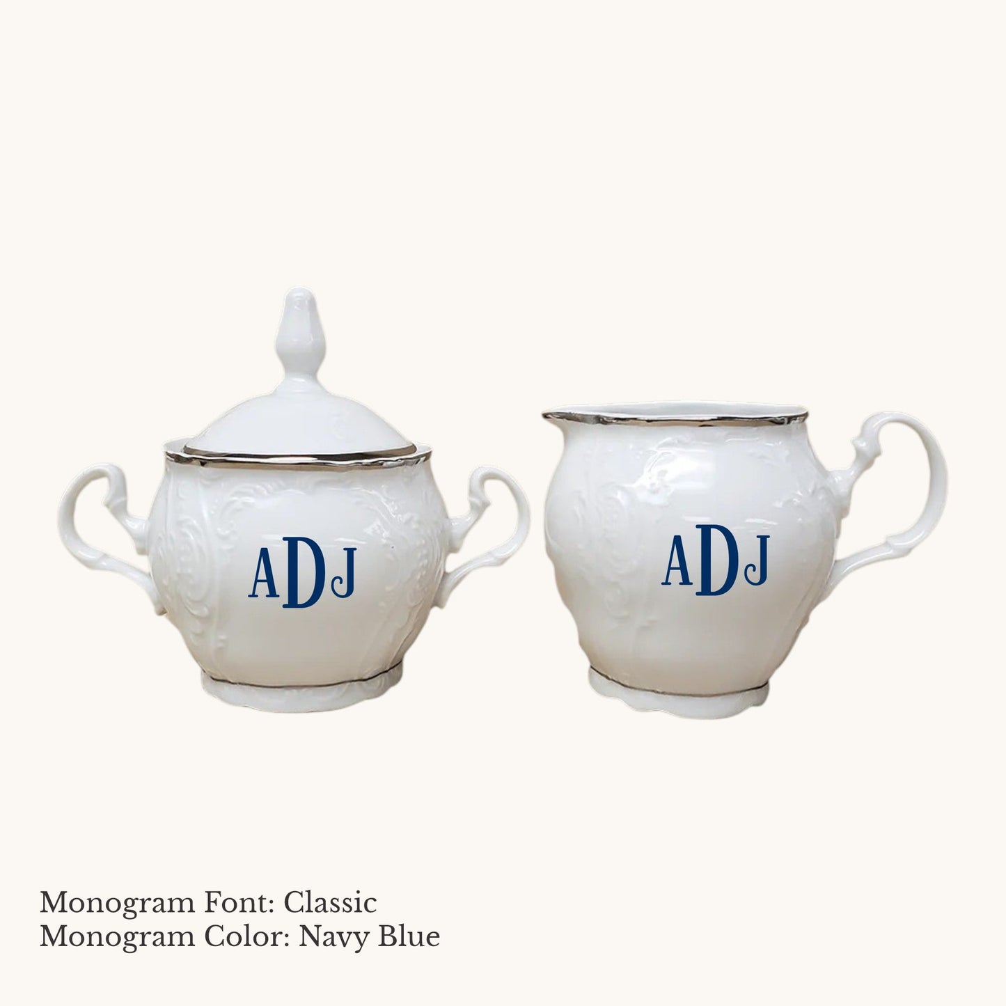 Platinum-banded Bernadotte European porcelain cream and sugar set with Classic custom monogram in Navy Blue