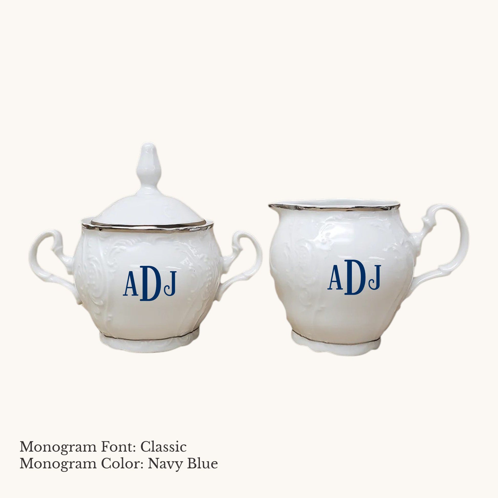 Platinum-banded Bernadotte European porcelain cream and sugar set with Classic custom monogram in Navy Blue