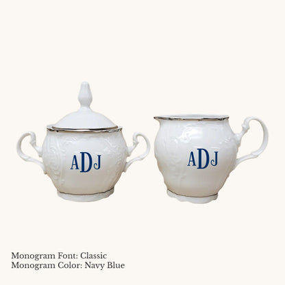 Platinum-banded Bernadotte European porcelain cream and sugar set with Classic custom monogram in Navy Blue