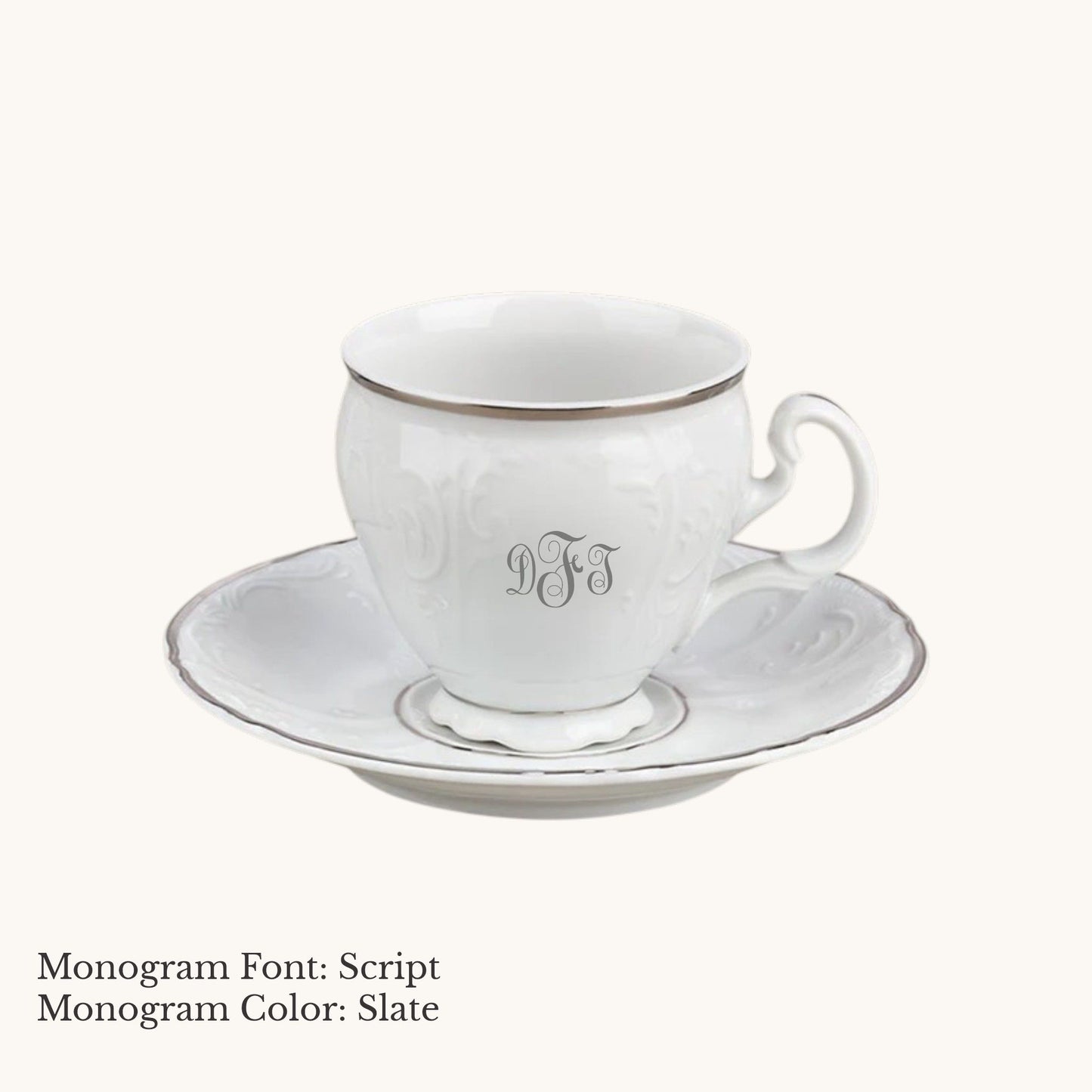 Platinum-banded Bernadotte European porcelain 8-ounce cup and saucer with Script custom monogram in Slate